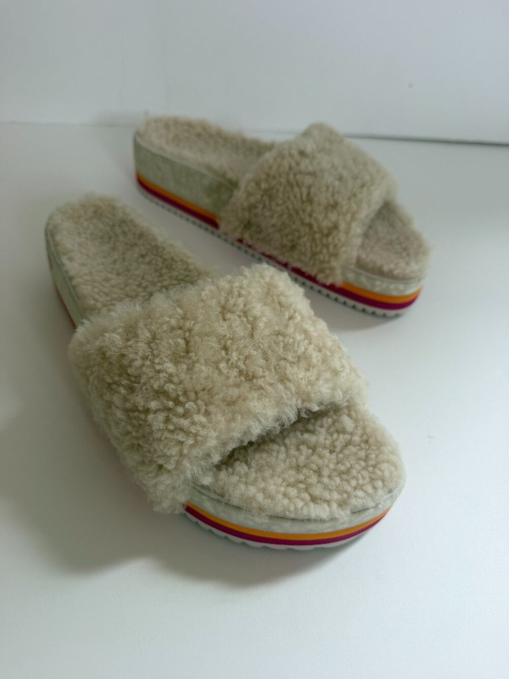 Fleks For Free People Cito Slides Sandals Ivory Shearling - Picture 2 of 6